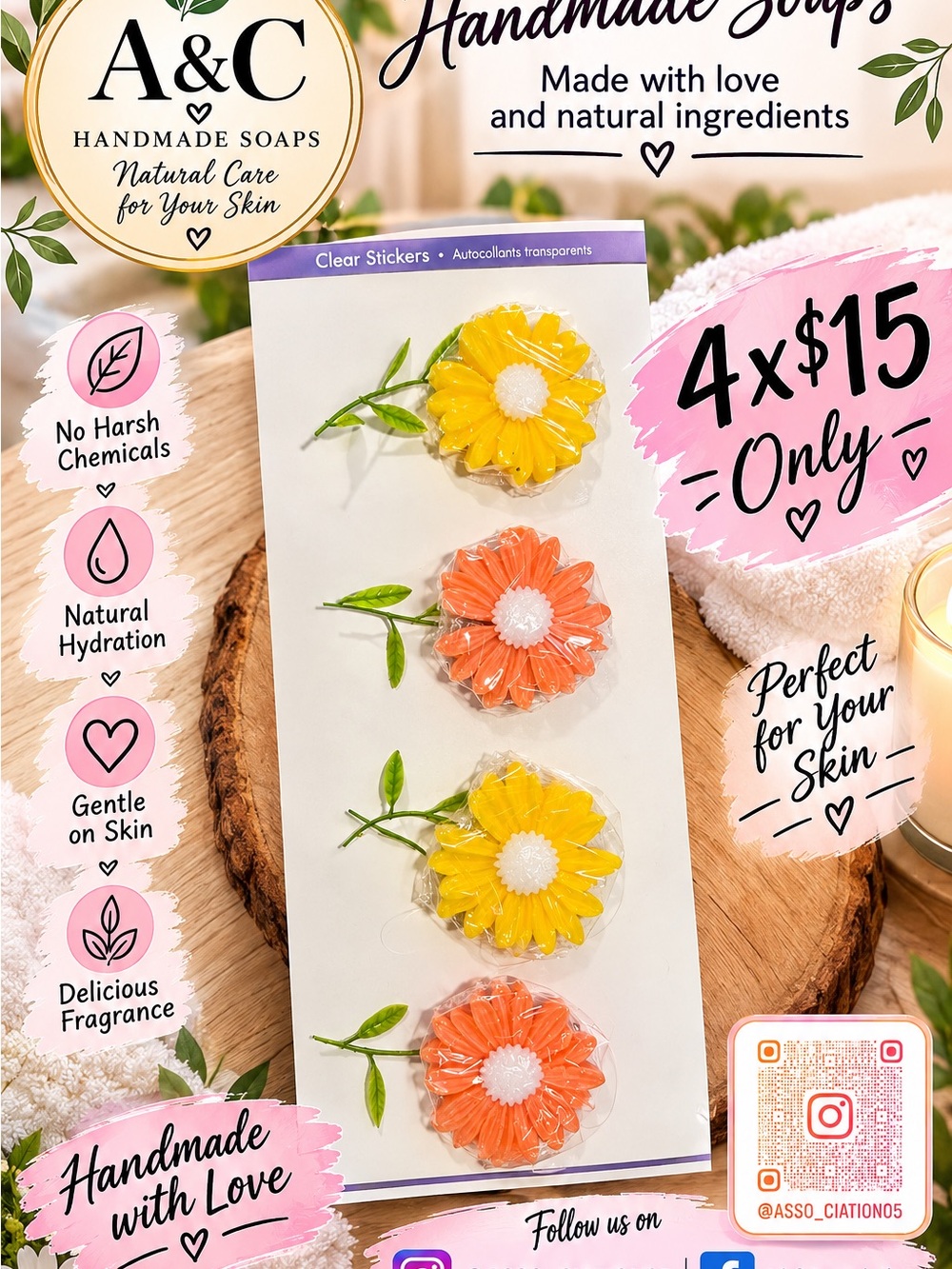 A&C Handmade Floral Bath Soap - Yellow & Orange set.